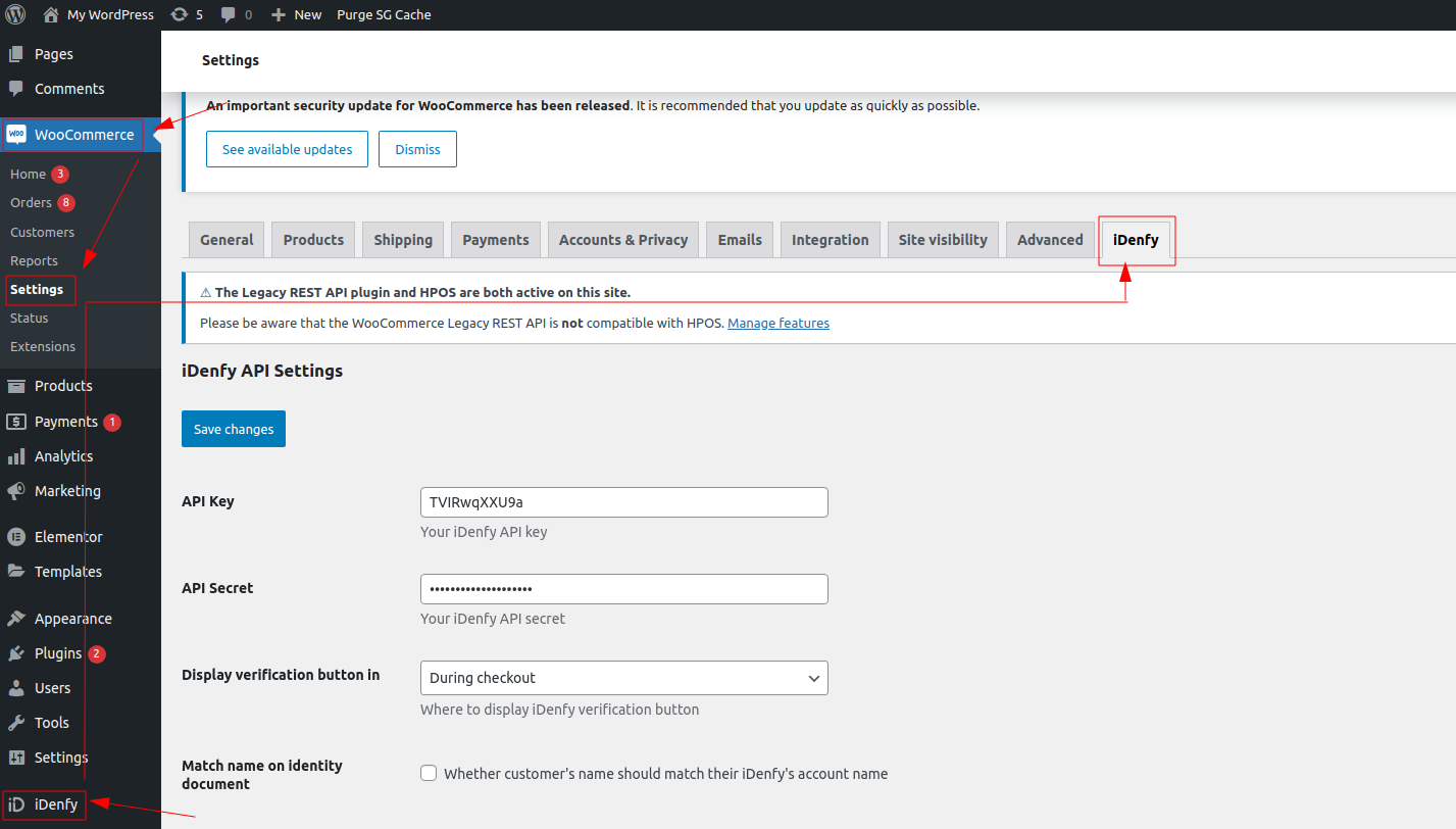 Idenfy - WooCommerce plugin open settings